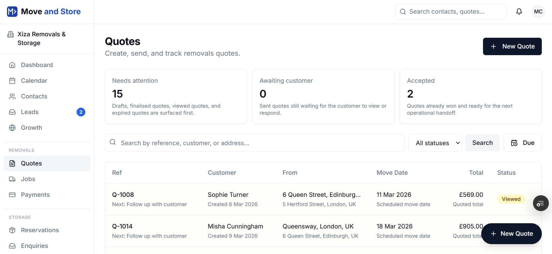 Quote list showing live removals quotes that can be followed up from one dashboard.