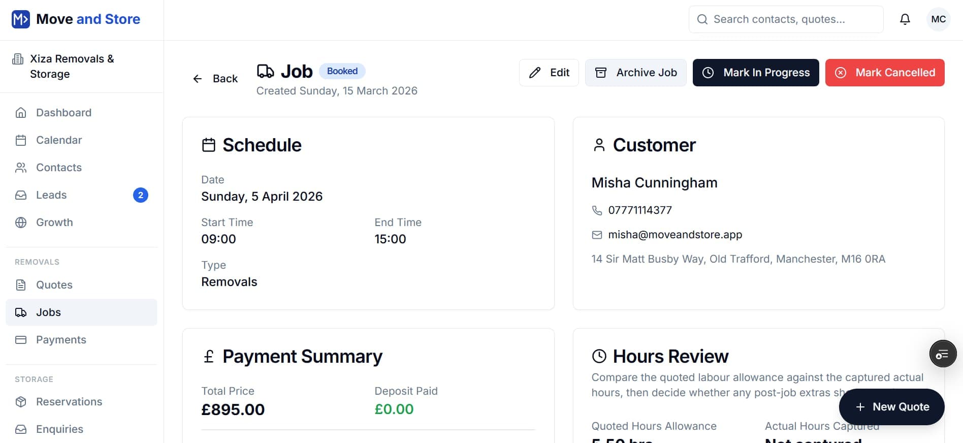 Calendar showing move date, crew assignment and job status.