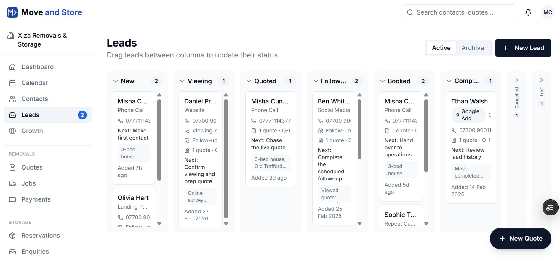 Lead pipeline showing enquiry stages and action items.