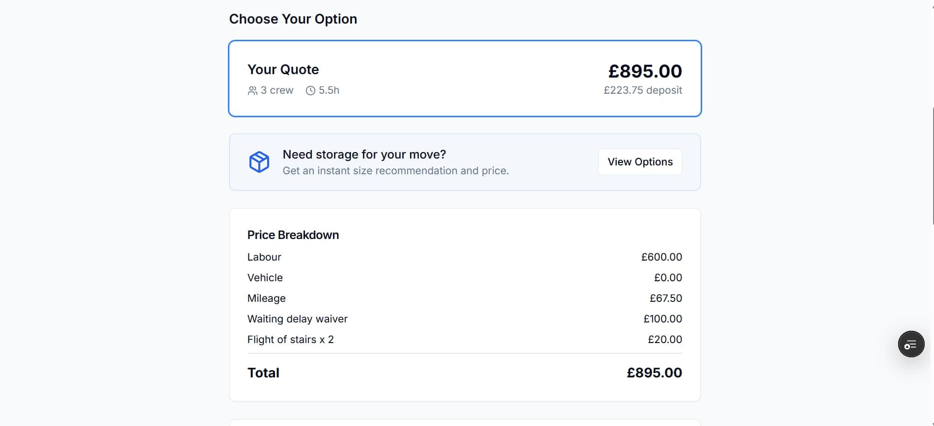 Branded removals quote with optional extras and deposit button.